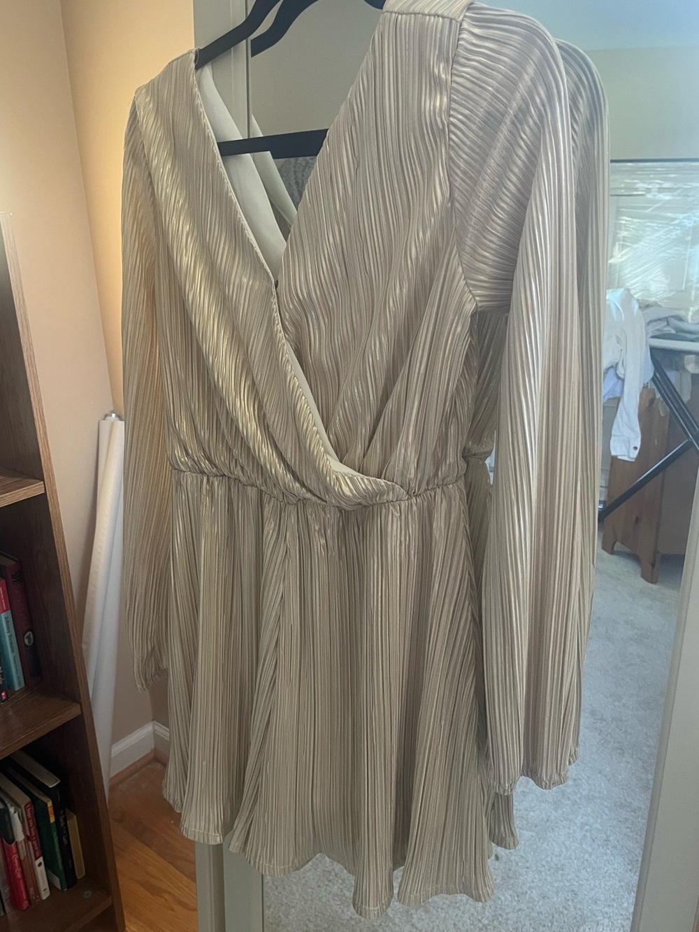 Rewind Pleated Long-Sleeve Surplice Romper in gold/champagne shimmer